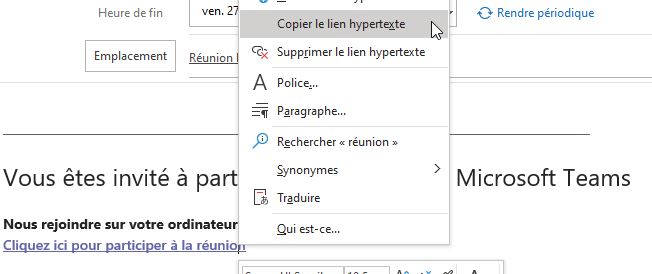 Copy the Microsoft Teams meeting link from Outlook.