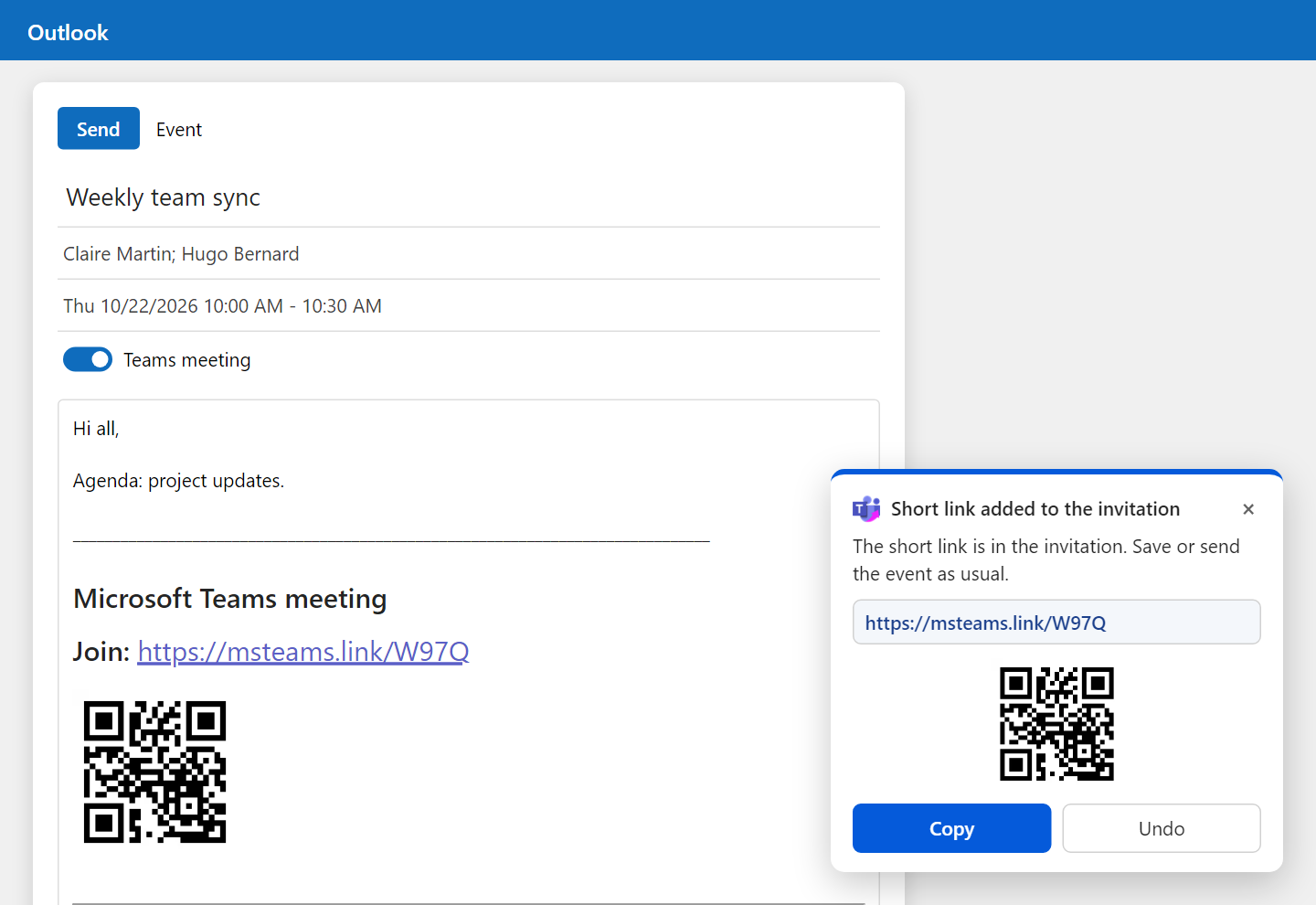 Outlook invitation with a short msteams.link URL and its QR code added by the extension
