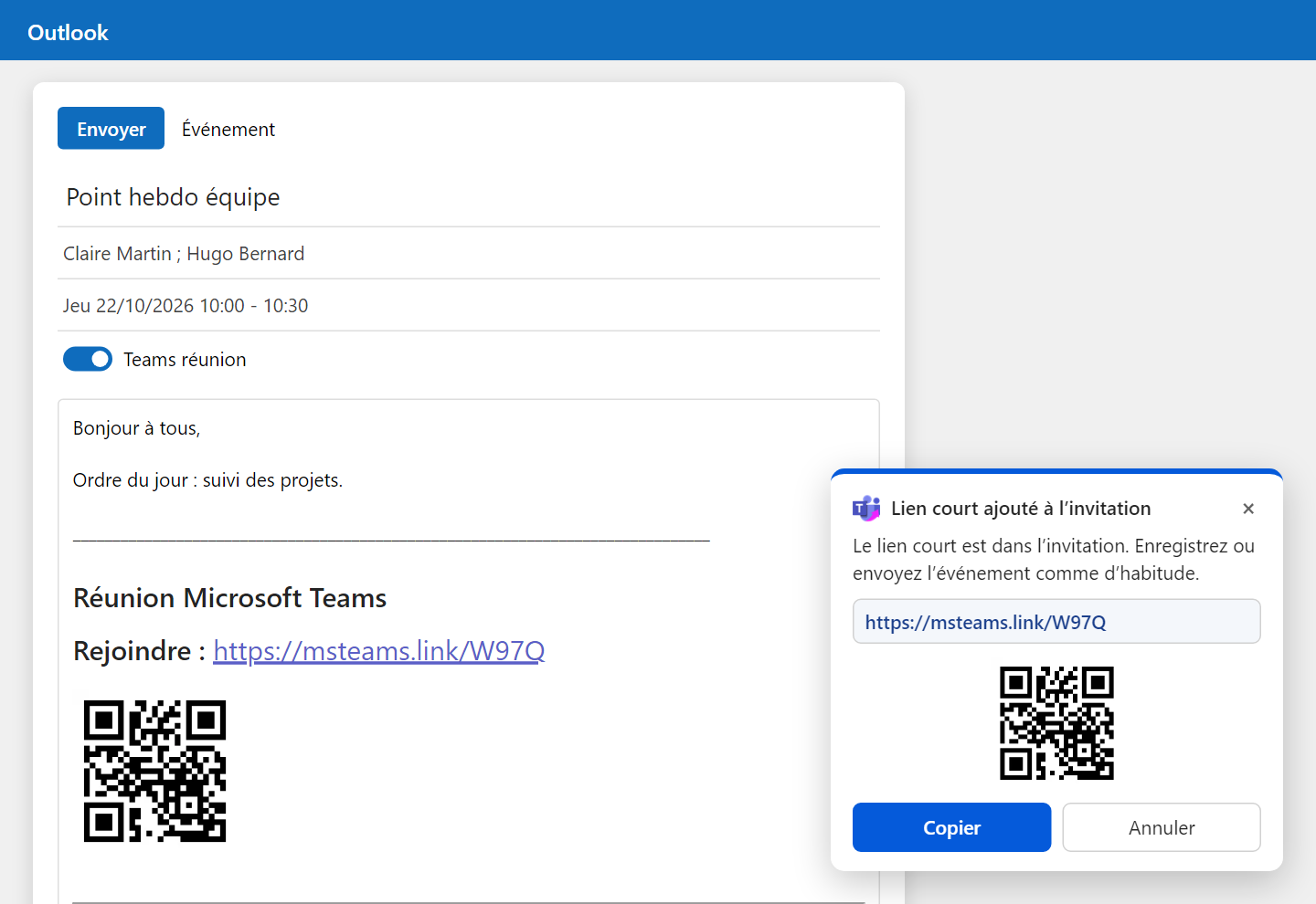 Invitation Outlook avec un lien court msteams.link et son QR code ajoutés par l’extension
