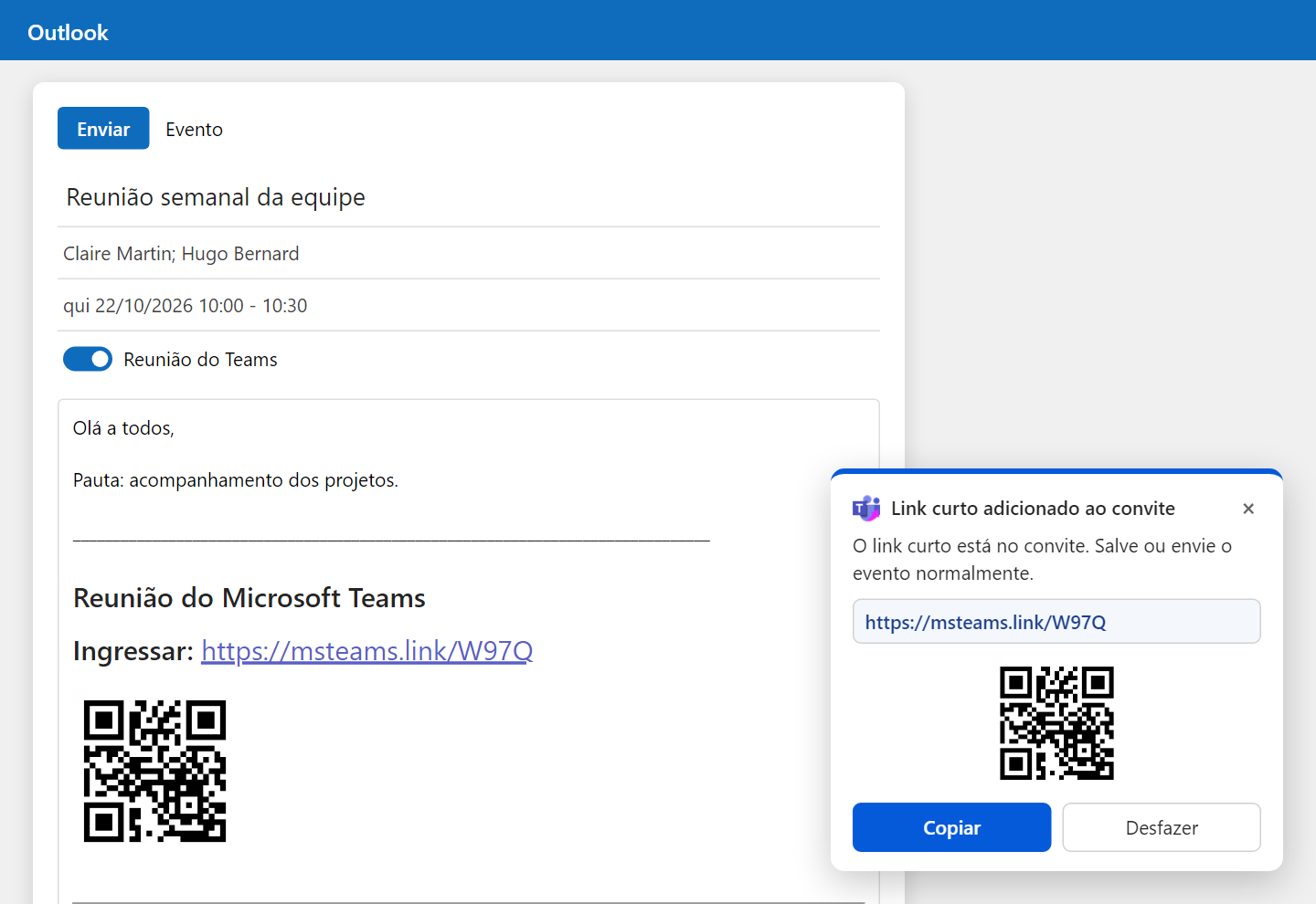 Convite do Outlook com um link curto msteams.link e o QR code adicionados pela extensão