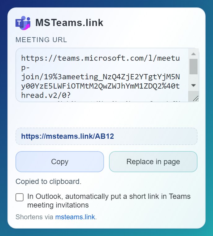Preview of the MSTeams.link Chrome extension shortening a Microsoft Teams link