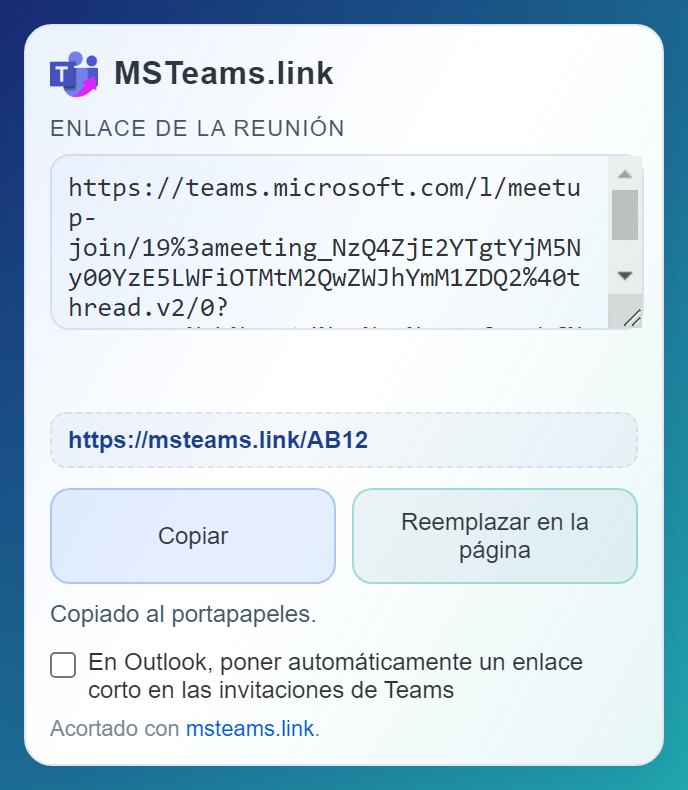 Vista previa de la extensión de Chrome MSTeams.link para acortar un enlace de Microsoft Teams
