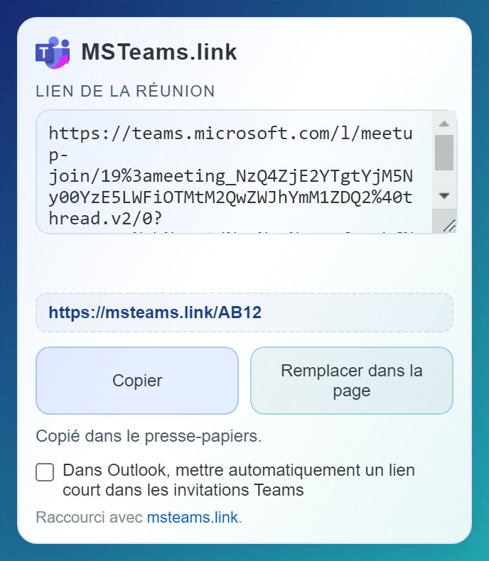 Aperçu de l’extension Chrome MSTeams.link pour raccourcir un lien Microsoft Teams