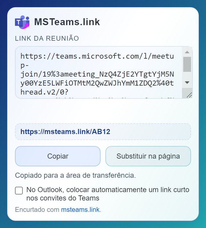 Prévia da extensão do Chrome MSTeams.link para encurtar um link do Microsoft Teams