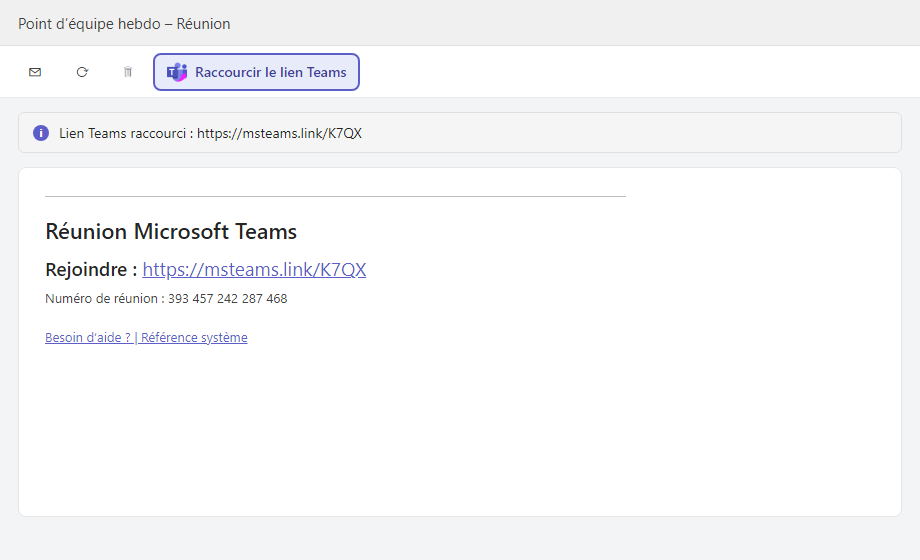 Invitation Outlook dont le lien de réunion Teams a été remplacé par un lien court msteams.link
